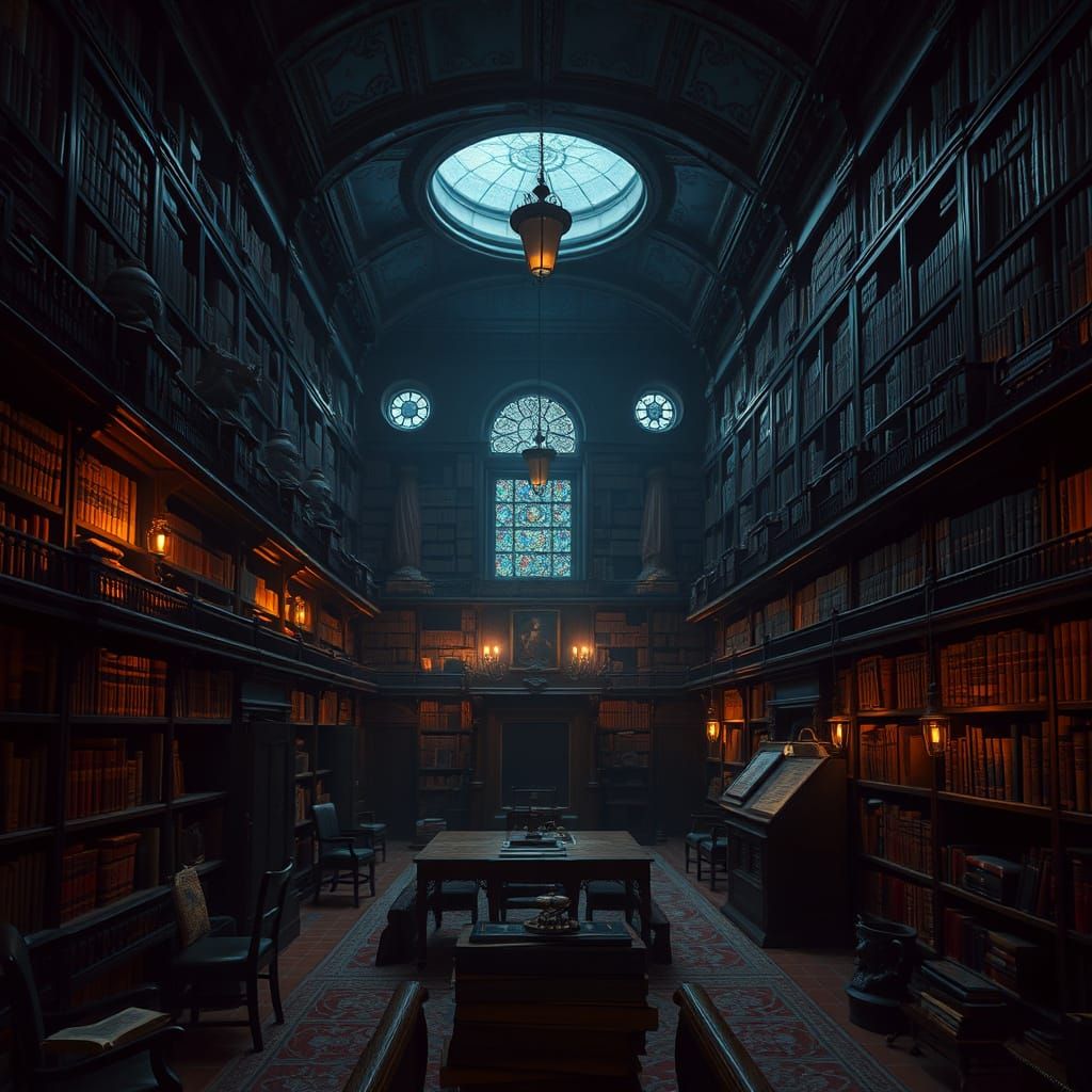 Mysterious University Library in Vintage Film Noir Style