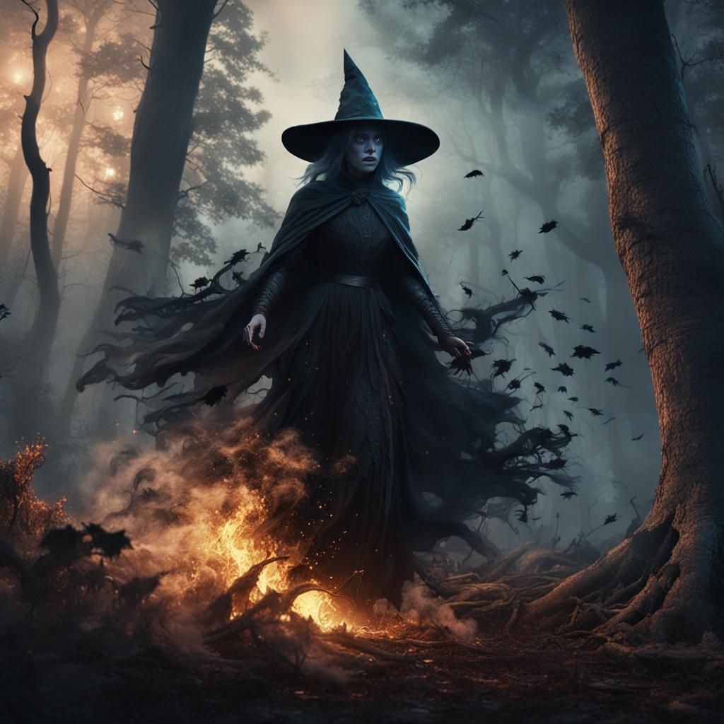 Ethereal Witch Emerges in Dark Forest, Matte Painting