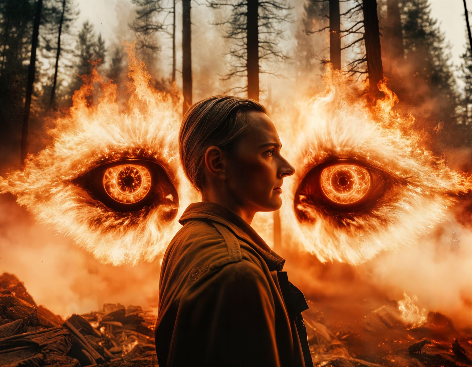Surreal Eyes Blaze with Fresh Forest Fires in Cinematic Exce...