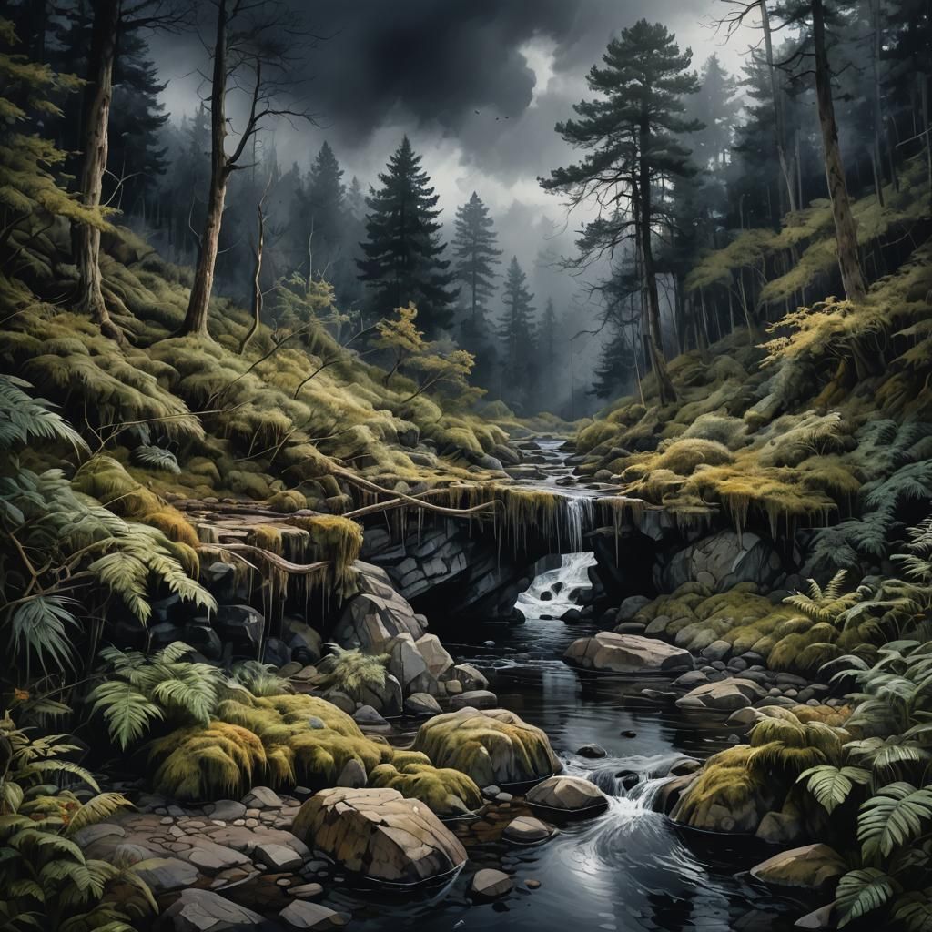 A dark and moody watercolour painting
