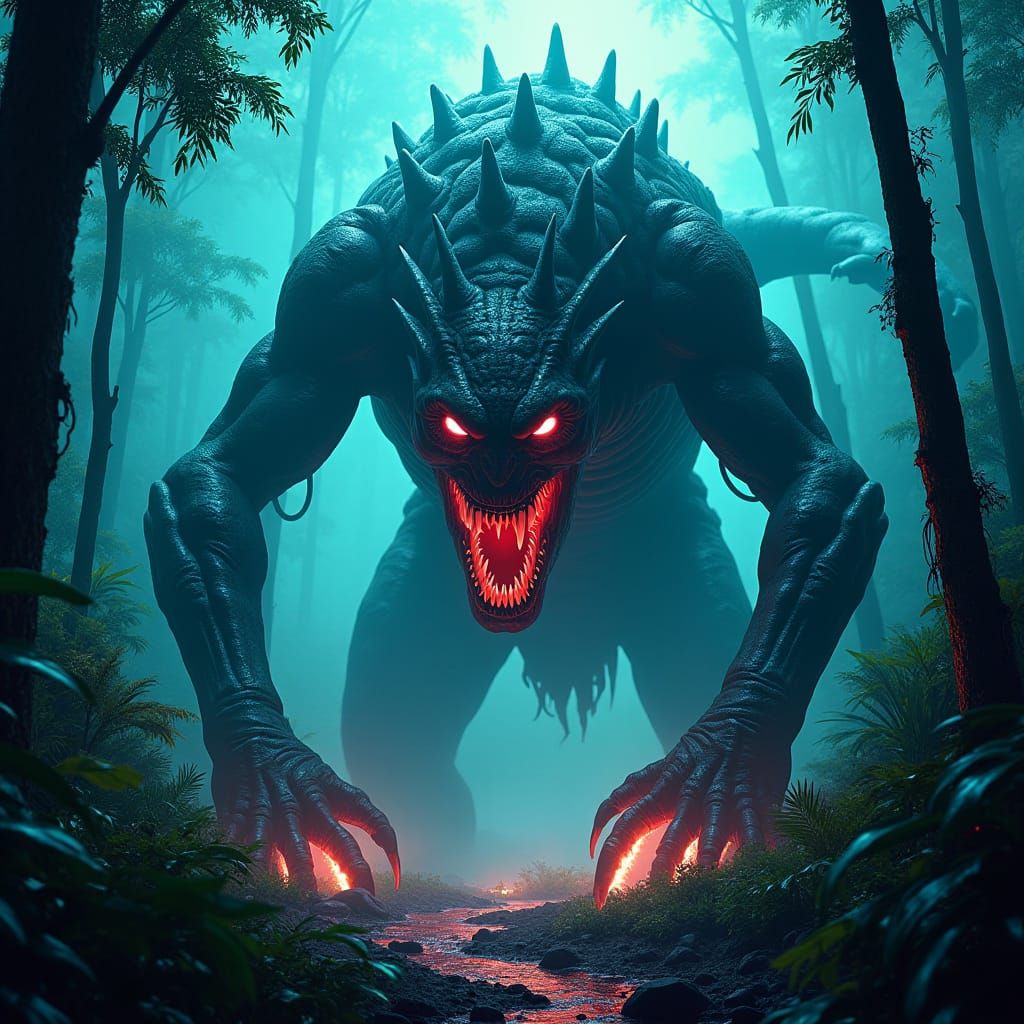 Hexxus Devouring Rainforest in Synthwave Neon Style