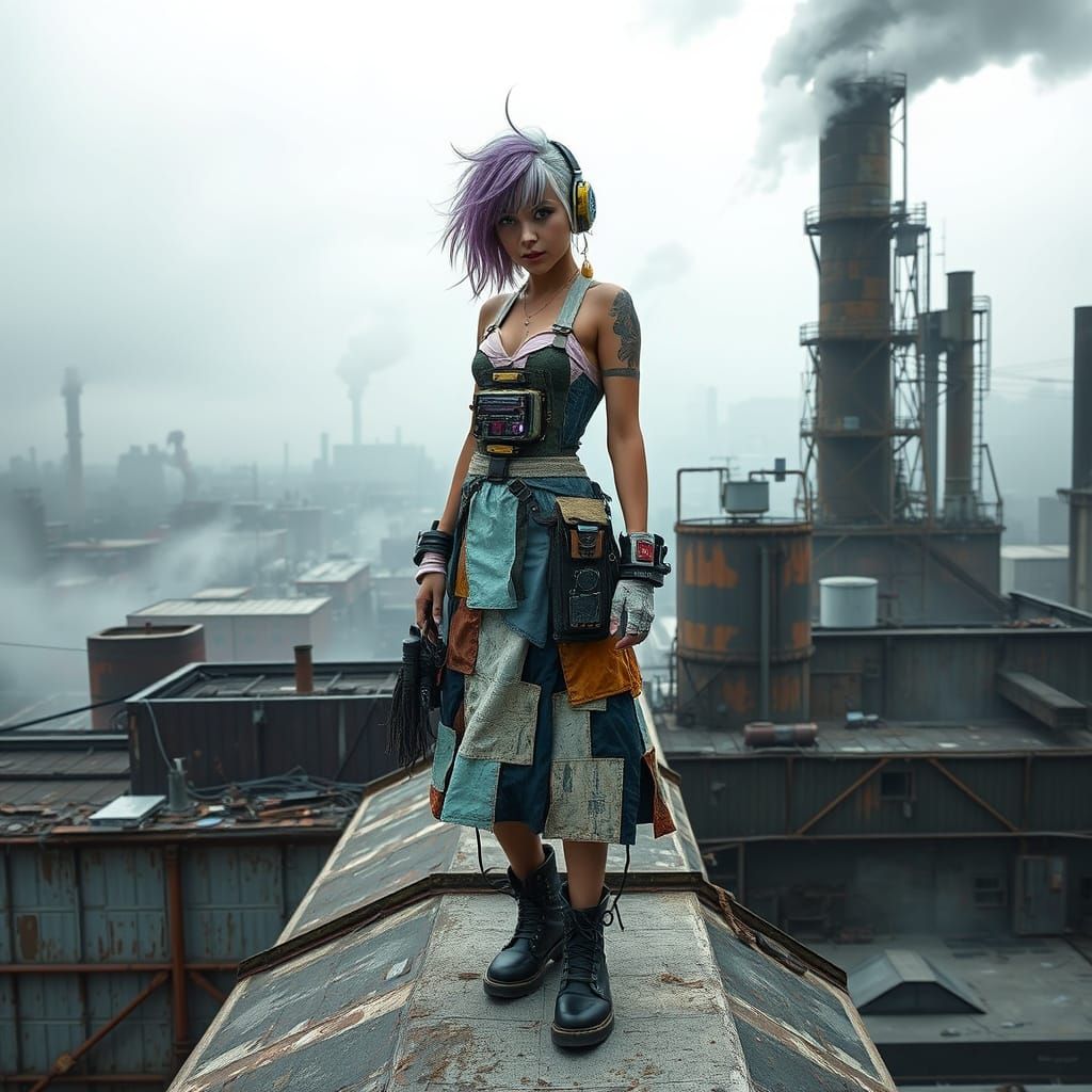 Cyberpunk Woman on Factory Roof in Industrial Landscape