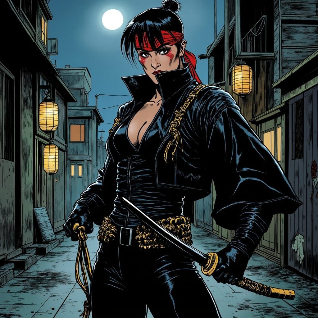 Ethereal Assassin in Moonlit Tokyo Alleyway