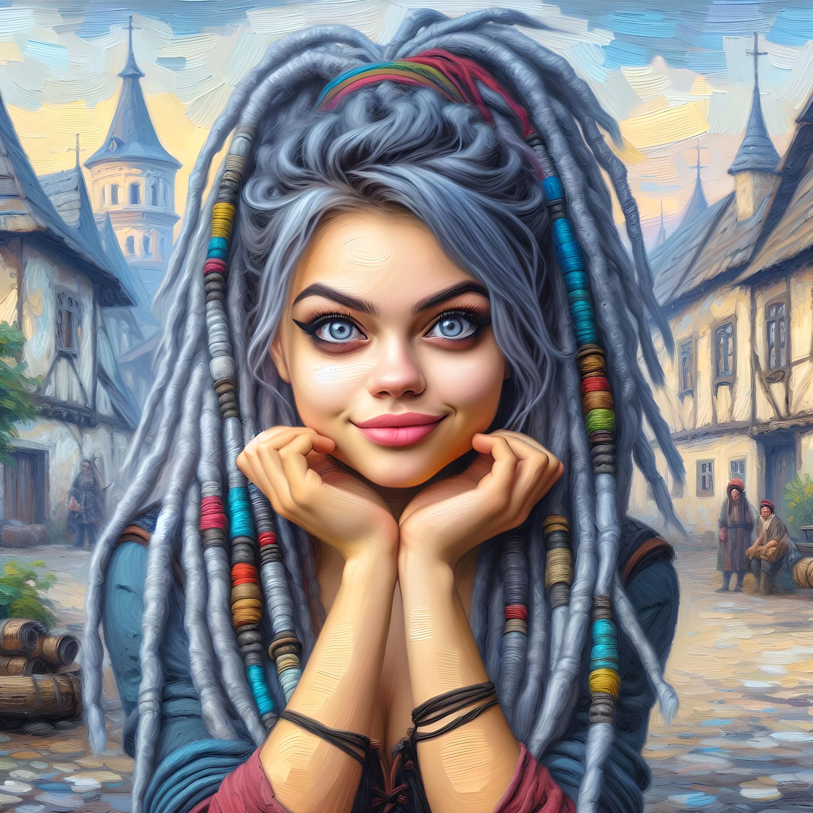 Vibrant Oil Painting of a Mischievous Romani Woman