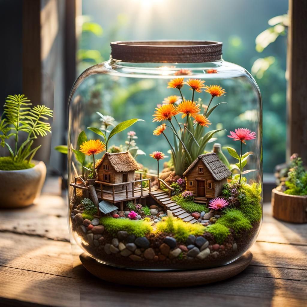 Gecko Gazing at Miniature Civilization Terrarium