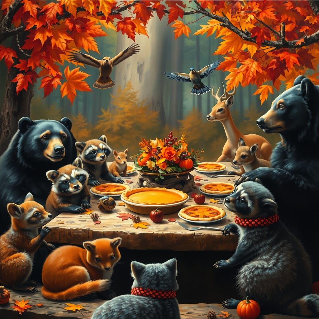 Festive Animal Feast in Vibrant Autumn Oil Painting