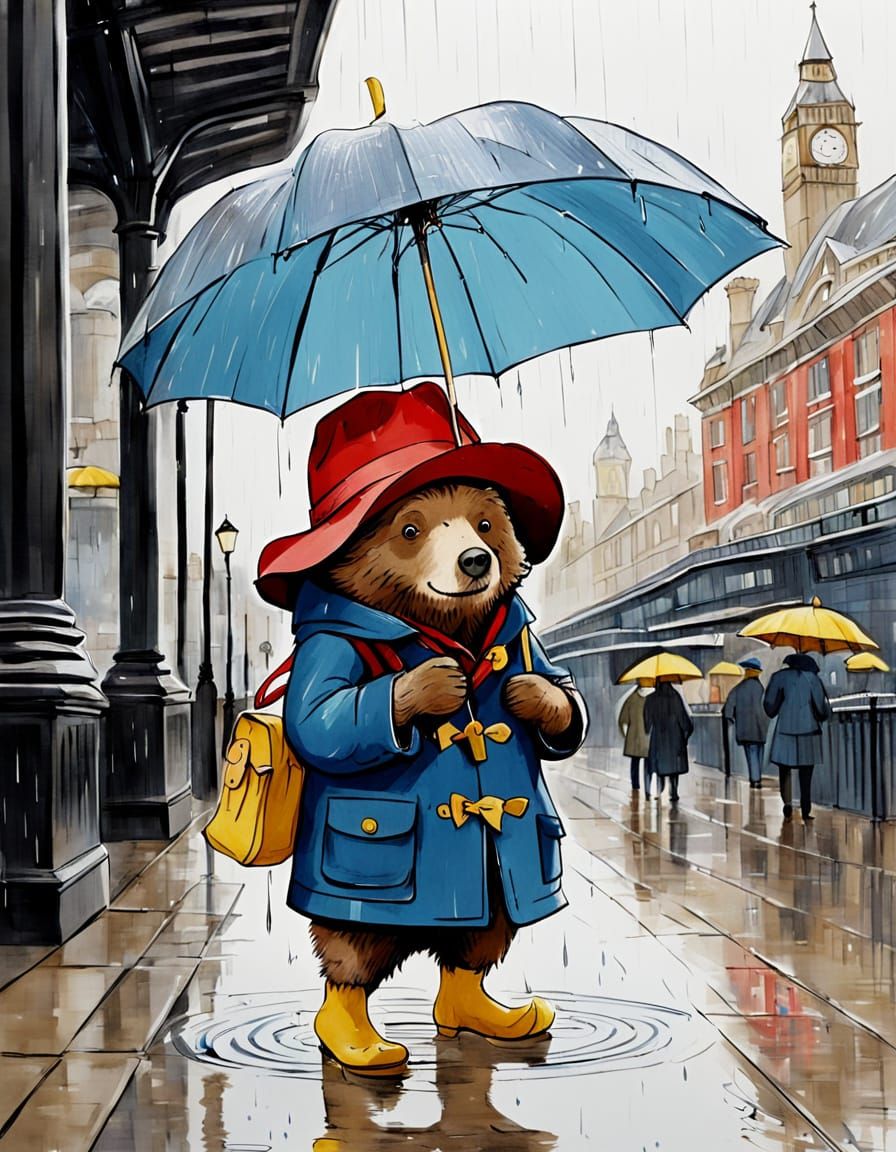 Paddington Bear in London Rain, in Whimsical Cartoon Style