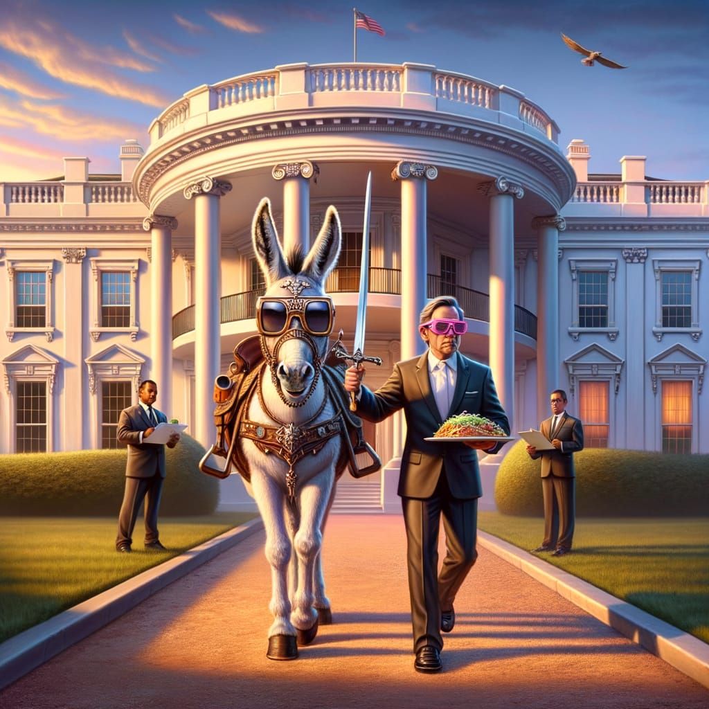 Donkey on Horse with Sword Visits Ivory Mansion