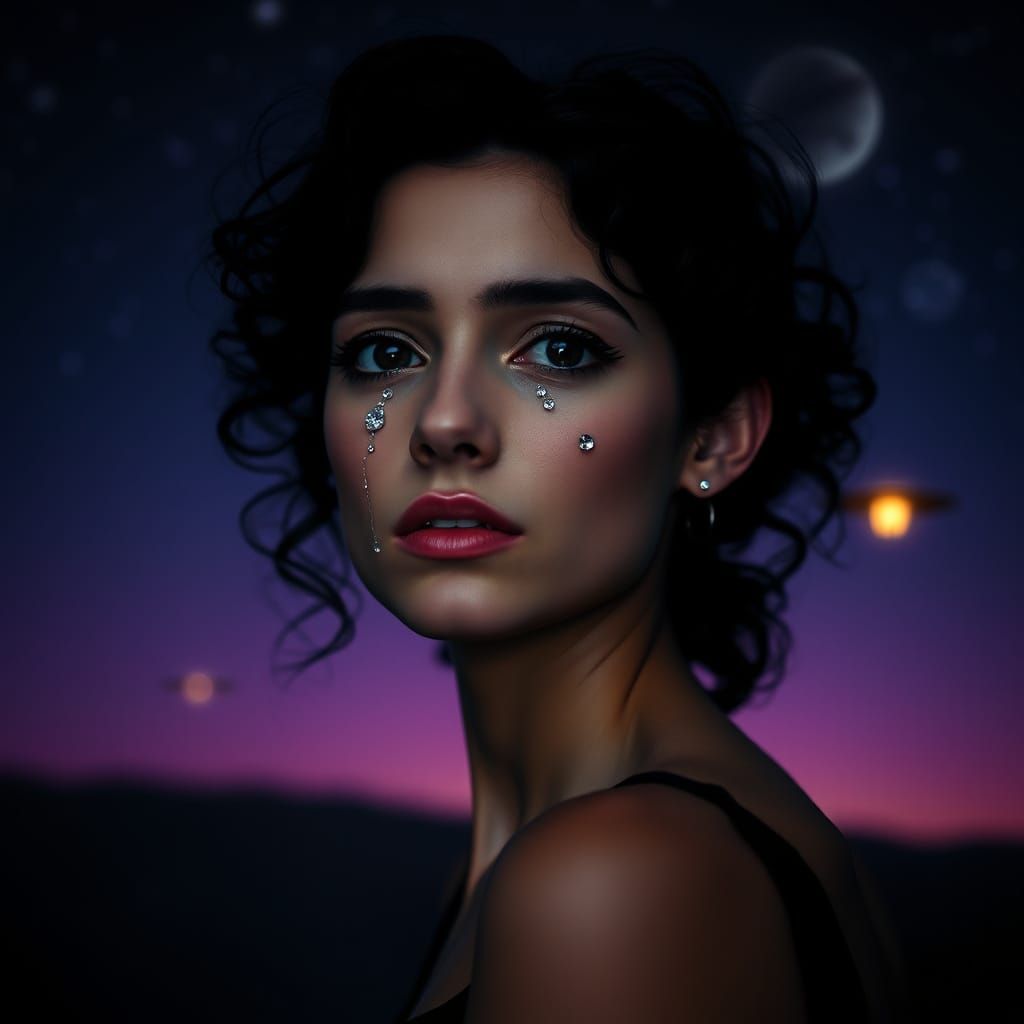A Young Woman Cries Tears of Diamonds Under a Starry Night S...