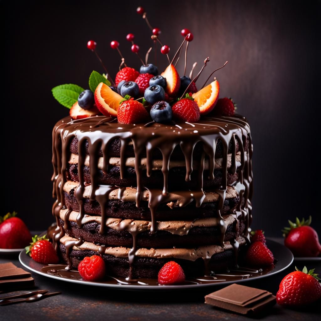Multi-Tiered Chocolate Cake with Drizzle and Fruit