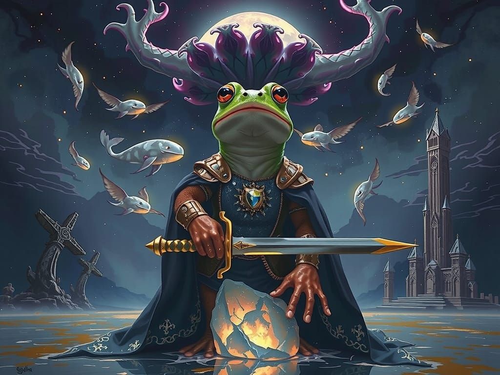 Chibi Frog King Arthur Pulls Excalibur in Whimsical, Surreal...