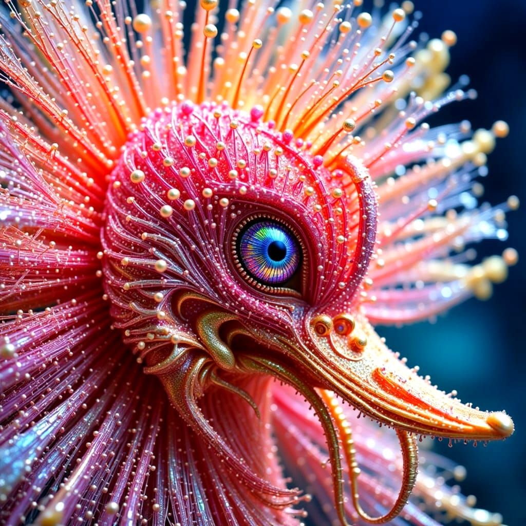 Rainbow Mohawk Duckling Dancing in Flower, Macro Digital Art