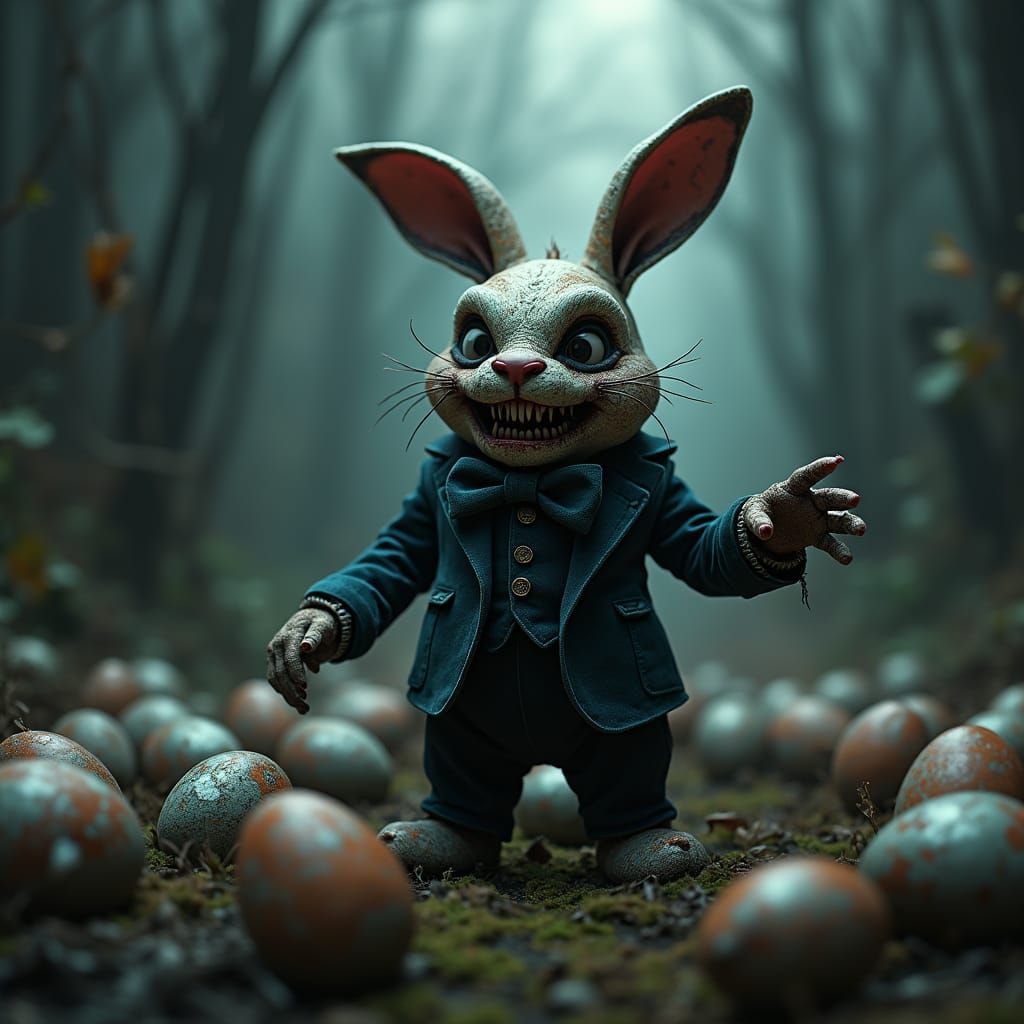 Creepy Easter Bunny in Dark Whimsical Landscape