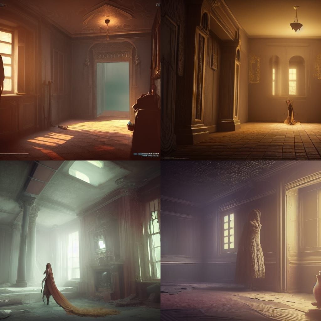 Ethereal Female Ghost Haunts Old House in Detailed Painting