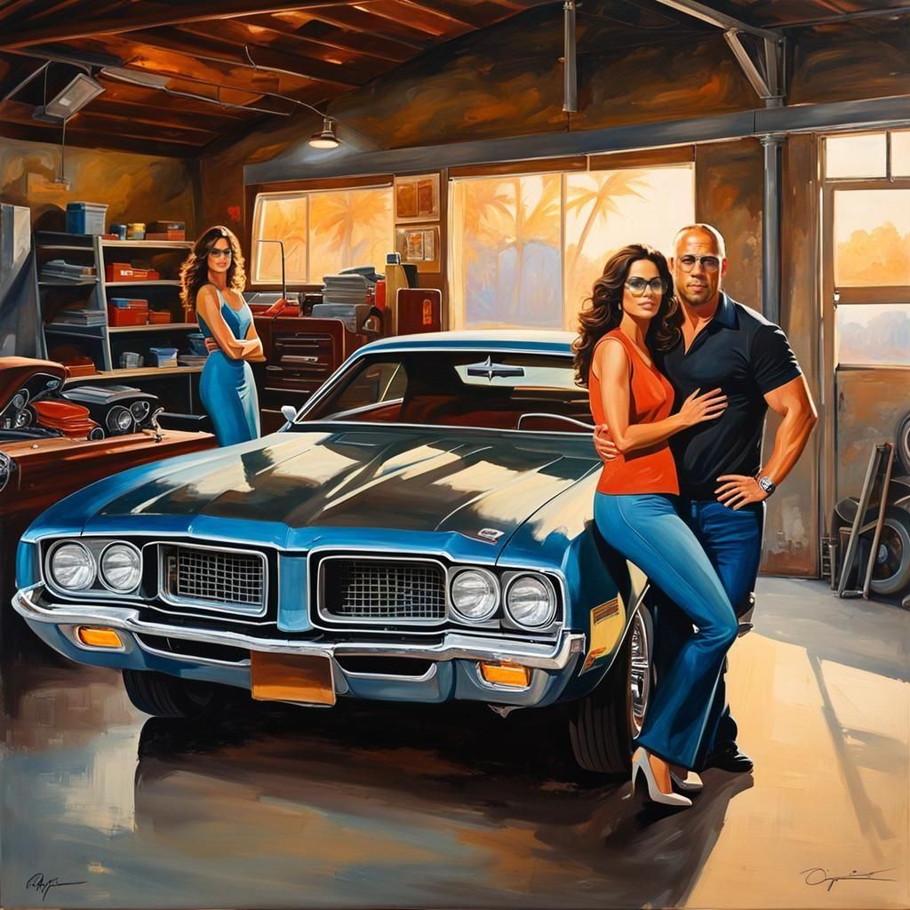 Toretto and Letty in Gouache Style at Garage