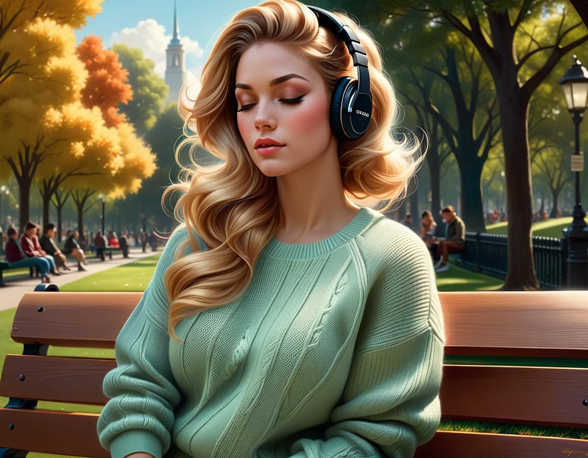 Woman Listening to Music in Park: Anime Art Style