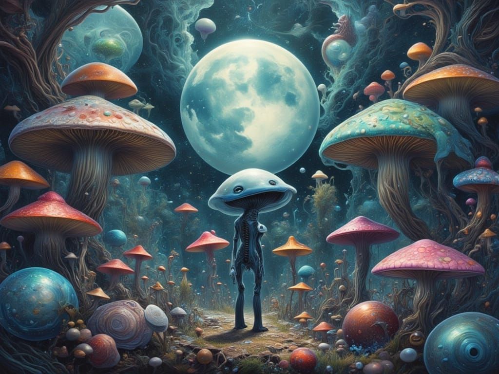 Alien Encounter with Giant Bioluminescent Mushrooms