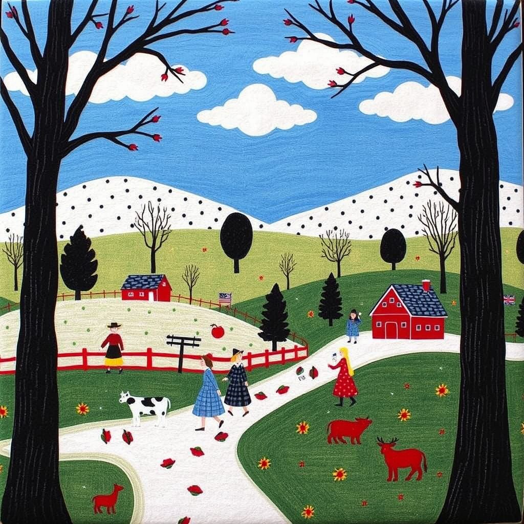 Naive Art Village Scene in Grandma Moses Style