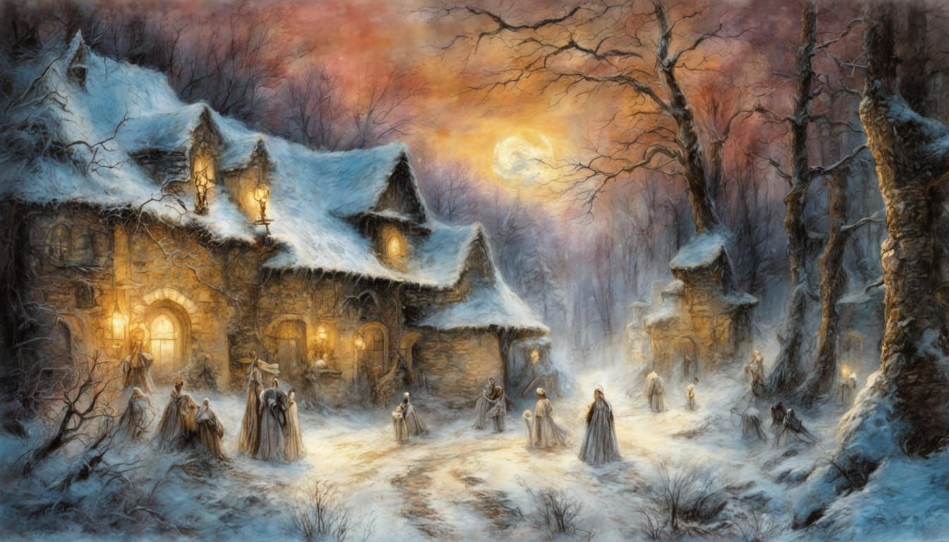 Fantasy Winter Forest Illustration in Mixed Media Style