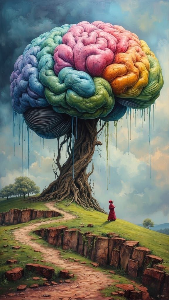 Giant Brain Grows from Earth in Vibrant Oil Paint Fantasy Ar...