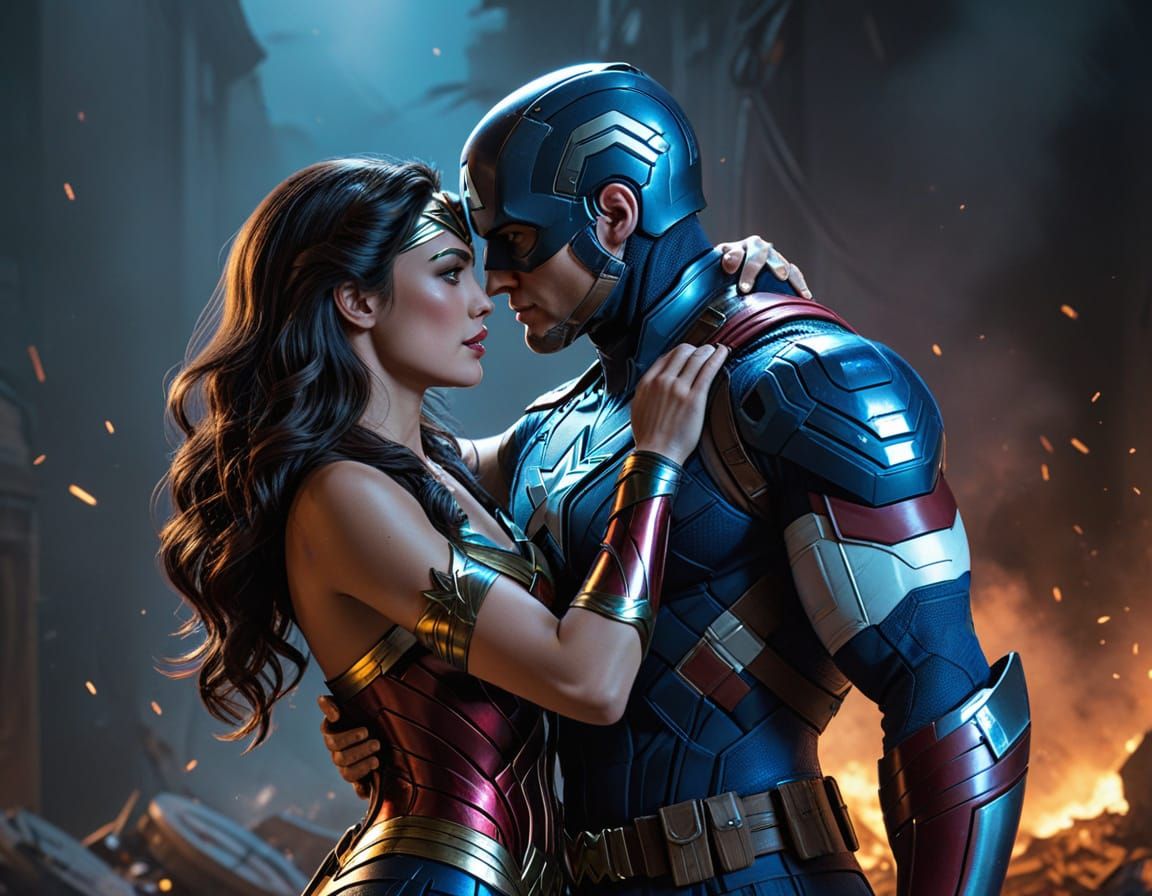Wonder Woman and Captain America Embrace in Anime Style