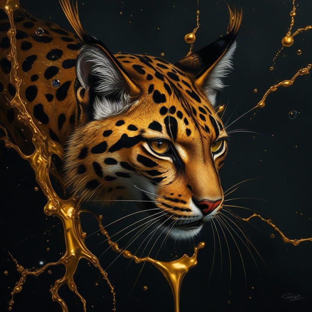 Golden Ink Splash: A Hyperrealistic Siberian Lynx in Polishe...