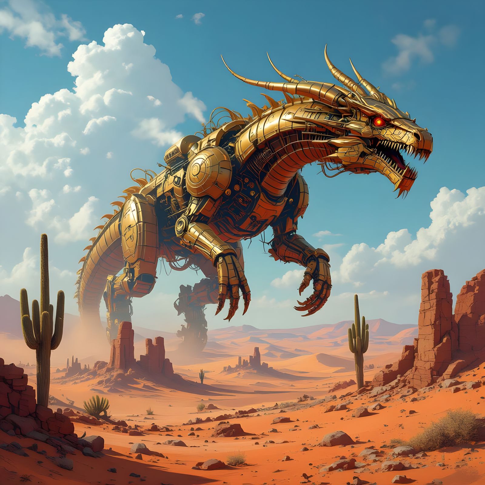 Steampunk Dragon Soaring Over Desert Ruins