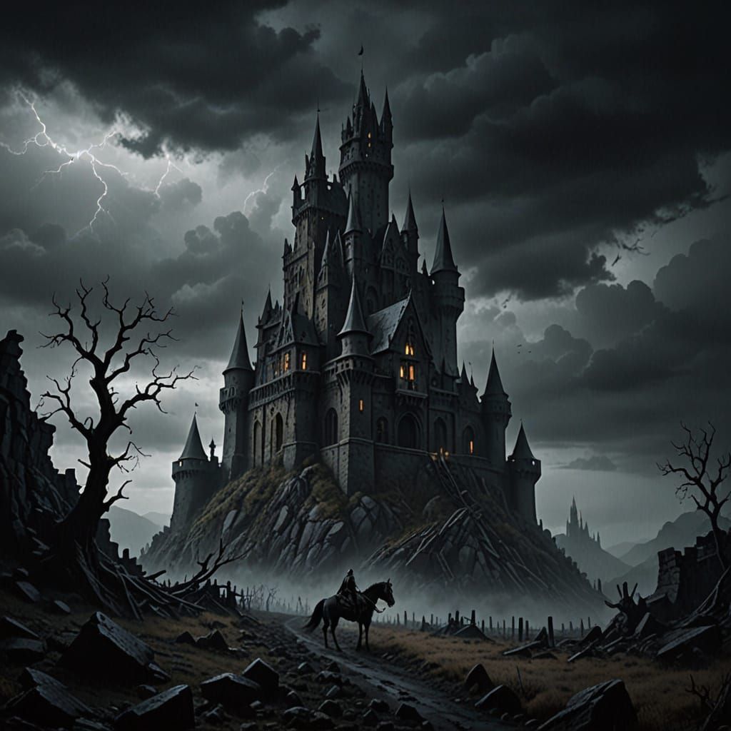 Gothic Castle of Shadows in Dark Fantasy Landscape
