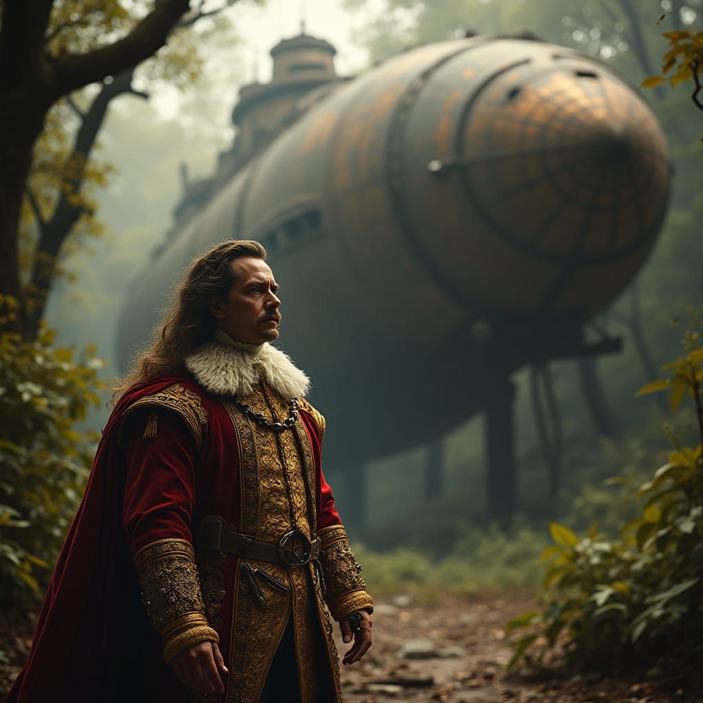 King Louis XIV Beside Derelict Spaceship in Alien Jungle