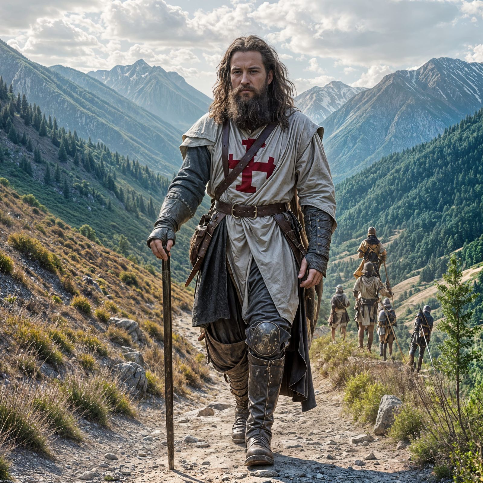 Medieval Knight Templar in Spring Landscape