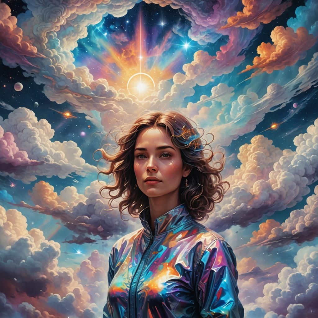 Holographic Woman Ascending from Cosmic Clouds