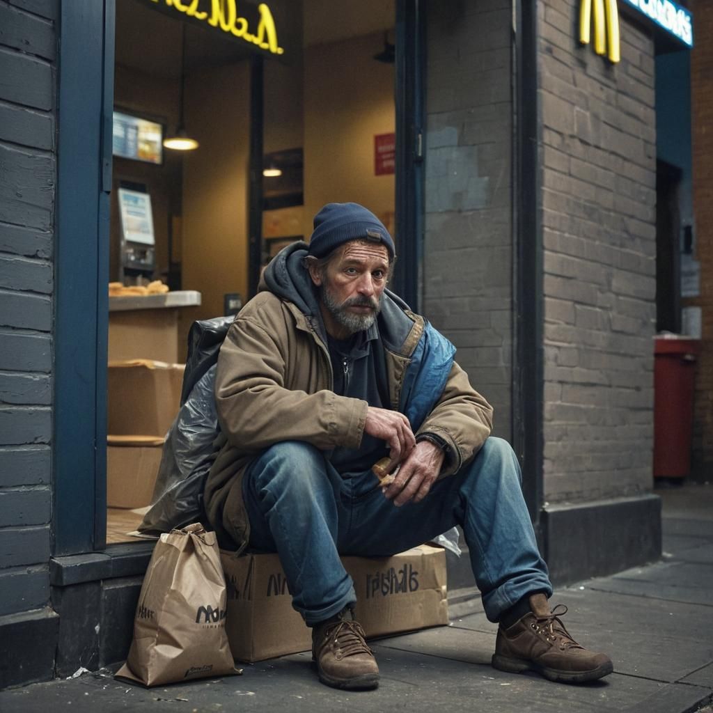 Homeless Man Outside McDonald's: Vivid Digital Art