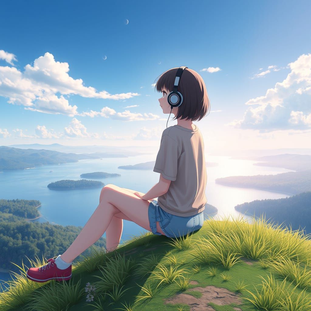 Anime Girl Listening to Music by Lake