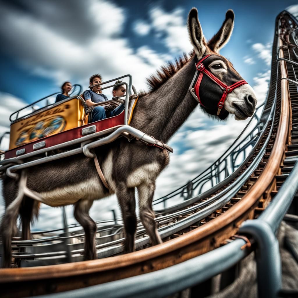 Hyperrealistic Donkey on a Rollercoaster Ride