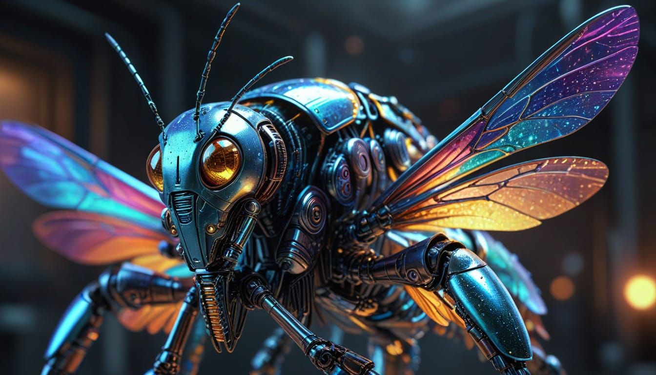 Scientist Holds Robotic Insect in Vibrant Digital Art