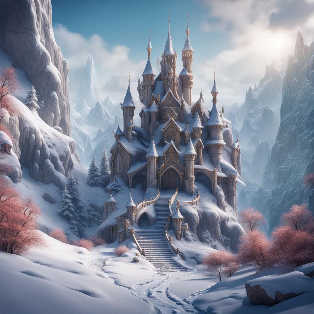 Detailed Snowy Fantasy Landscape in Matte Painting Style