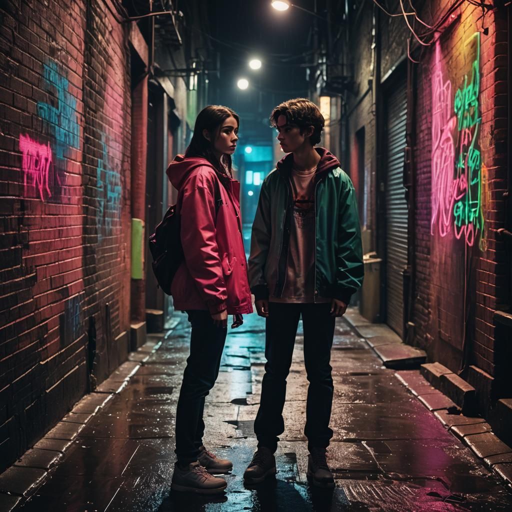 Teenagers Face Off in Dark Alley, Cinematic Film Still