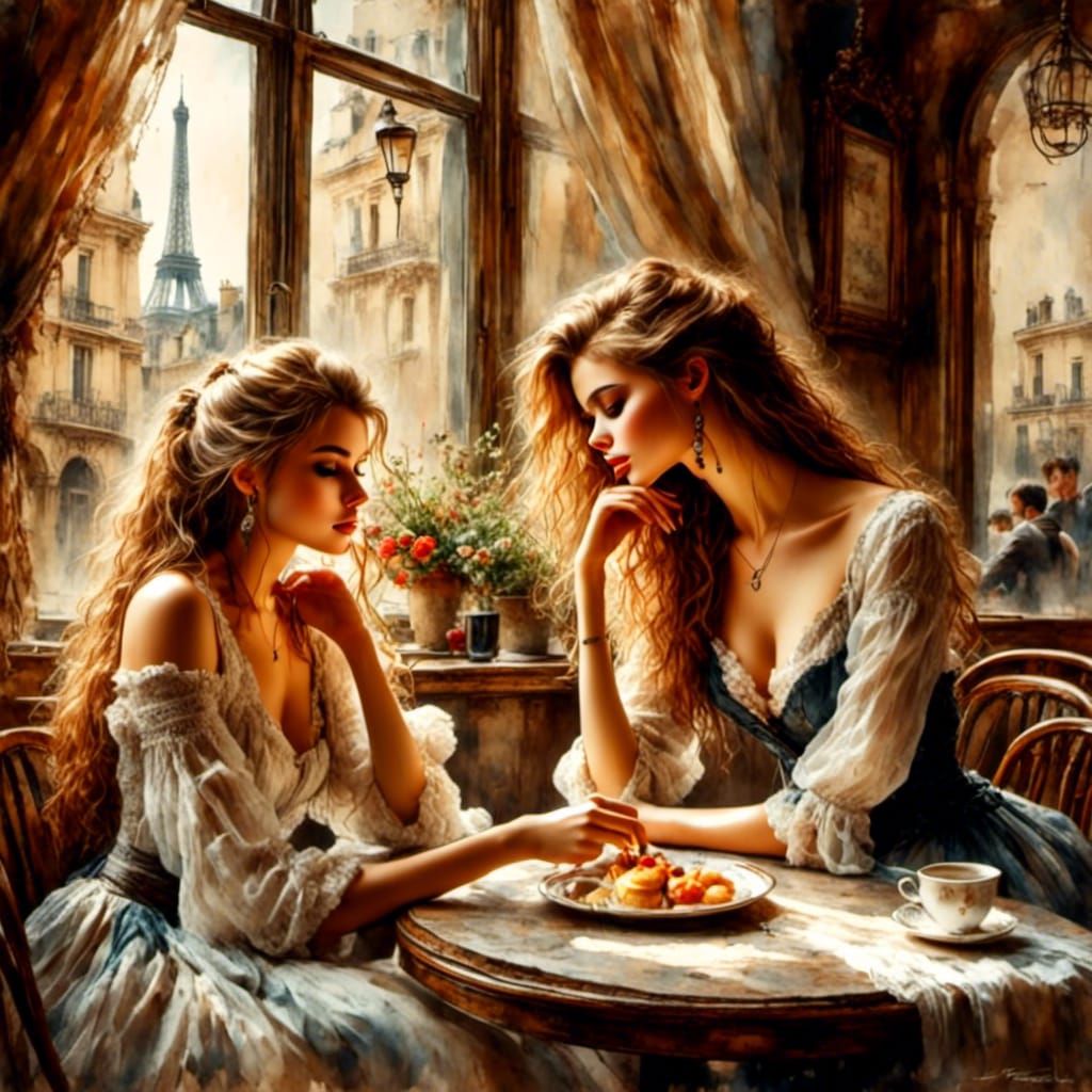 French Cafe Scene in Antique Watercolor Style