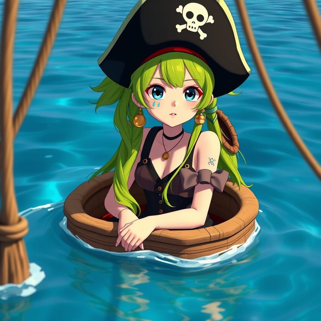 Anime Pirate Koboyashi on Raft in Blue Ocean