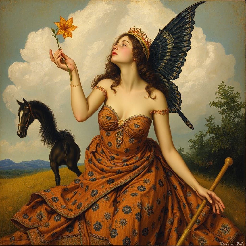 Pointillist Allegory Oil Painting in Felicien Rops Style