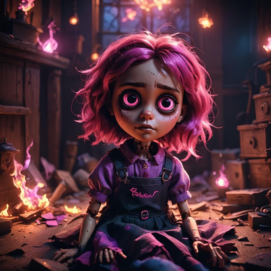 Demonic Doll with Fire Eyes in Pixar Style