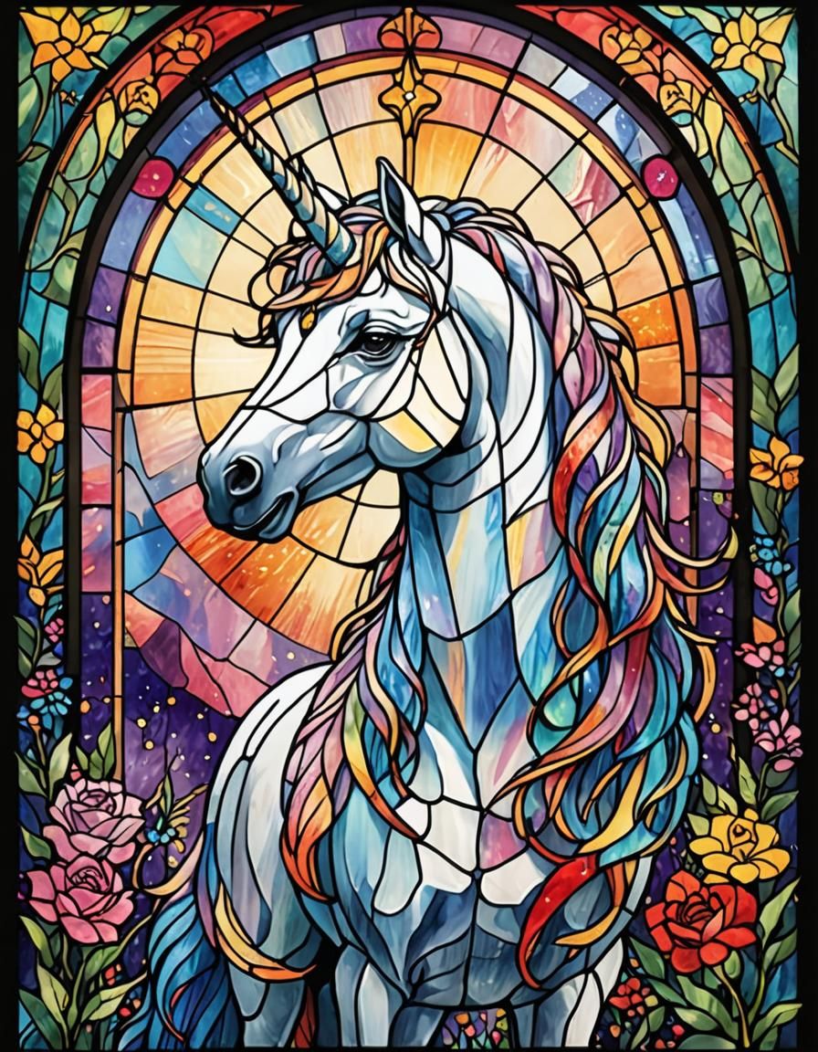 Stained Glass Unicorn with Watercolor and Prism Effects