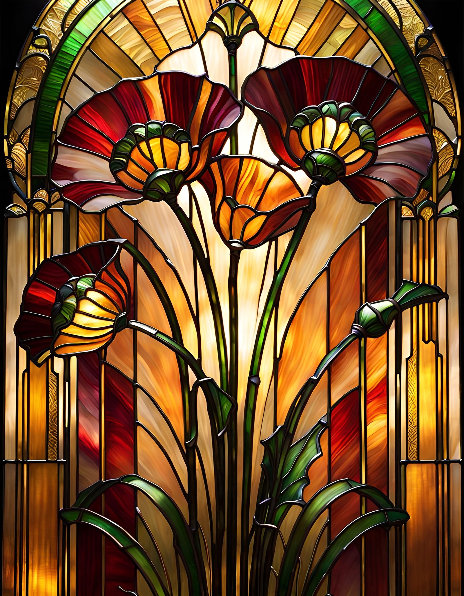 Stained Glass Poppy Flowers in Art Deco Style