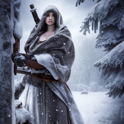 Snowy Ruins: Female Warrior and Wolf