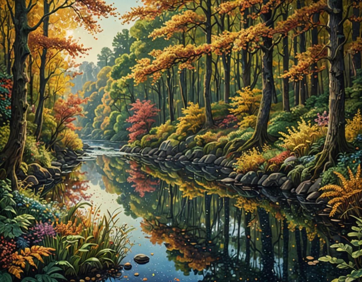 Autumnal River in Pointillist Style