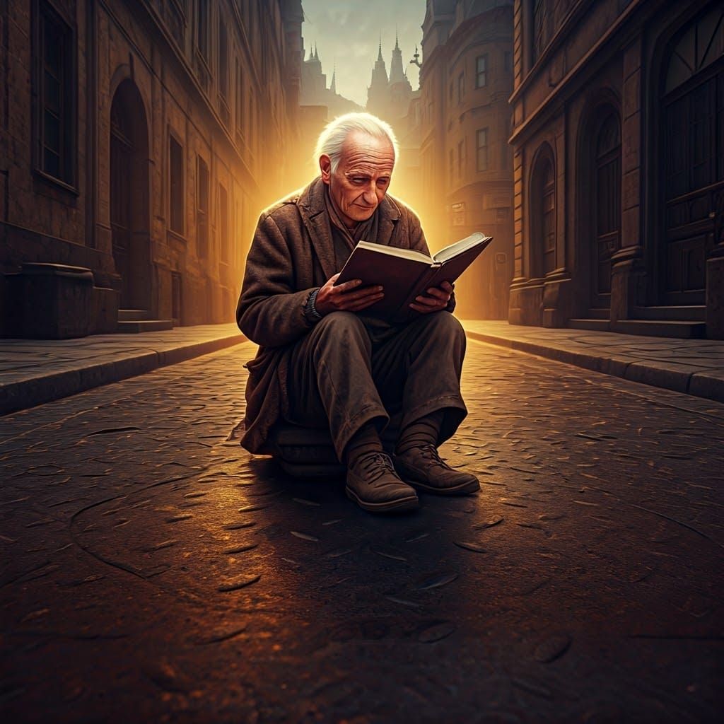 Mystical Elderly Figure Reading in Cityscape, Fantasy Concep...