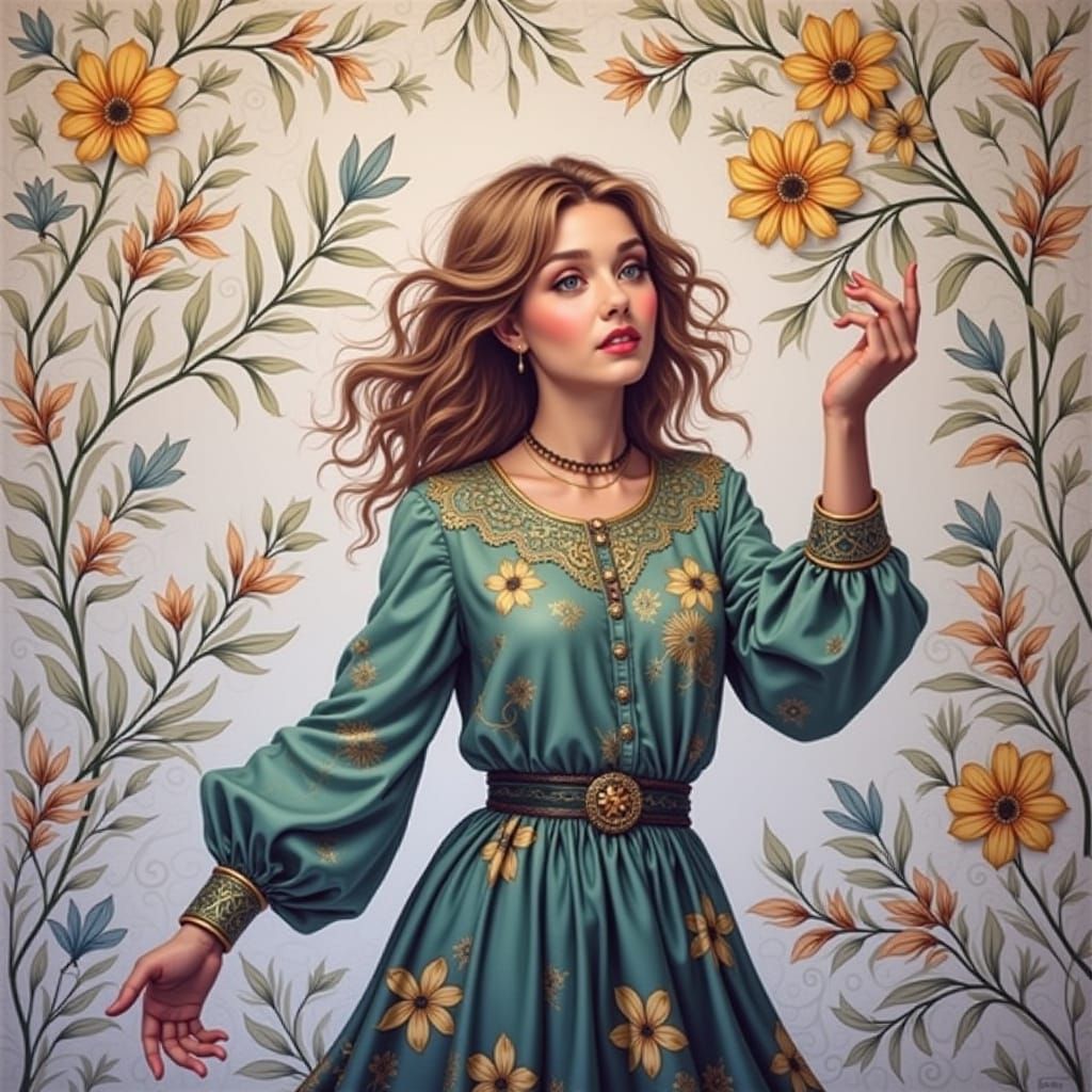 Detailed Botanic Design in Green, Teal, Yellow, and Azure