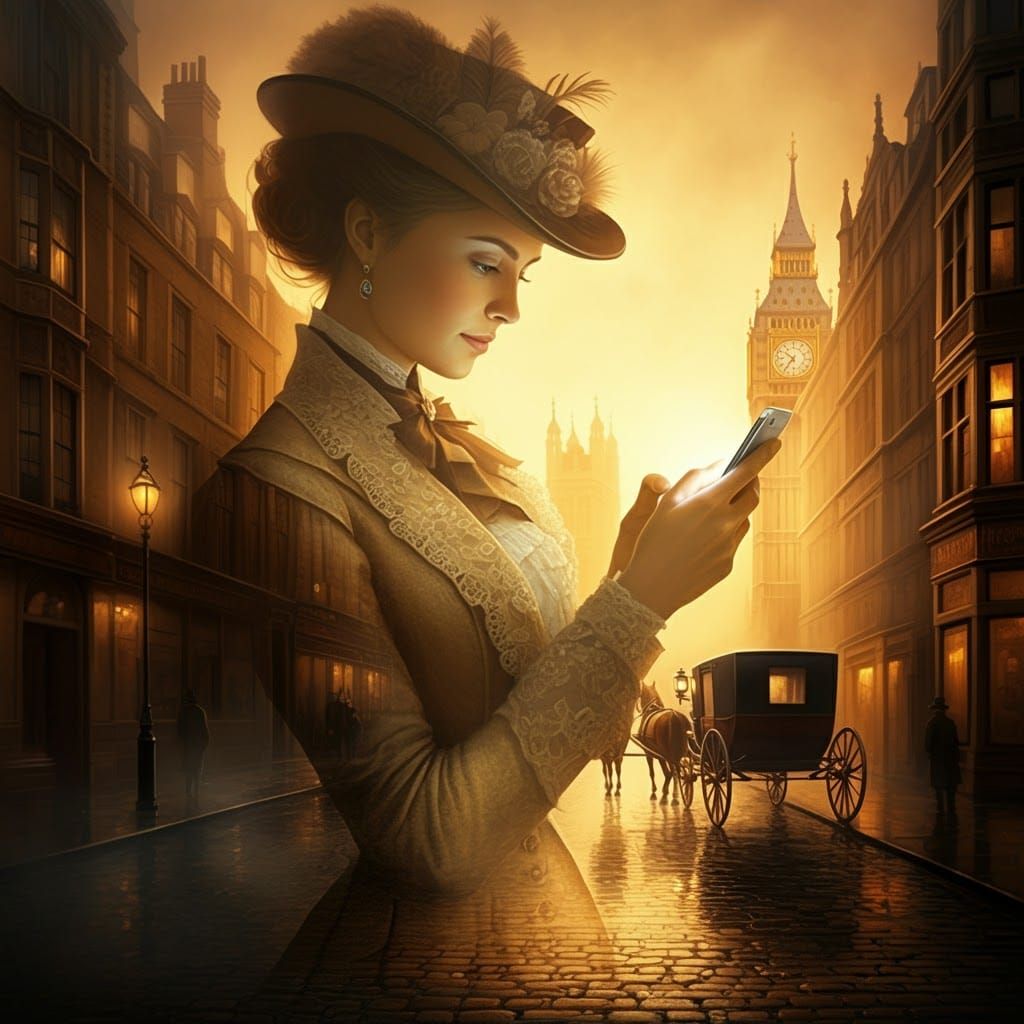 Victorian Woman with Smartphone in Dreamlike London