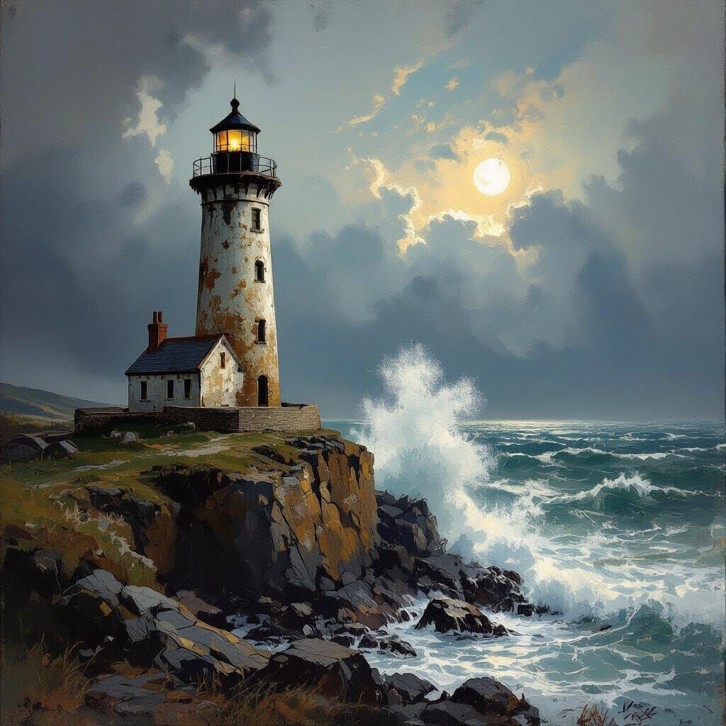 Lighthouse on Cliff in Stormy Seas, Painterly Style