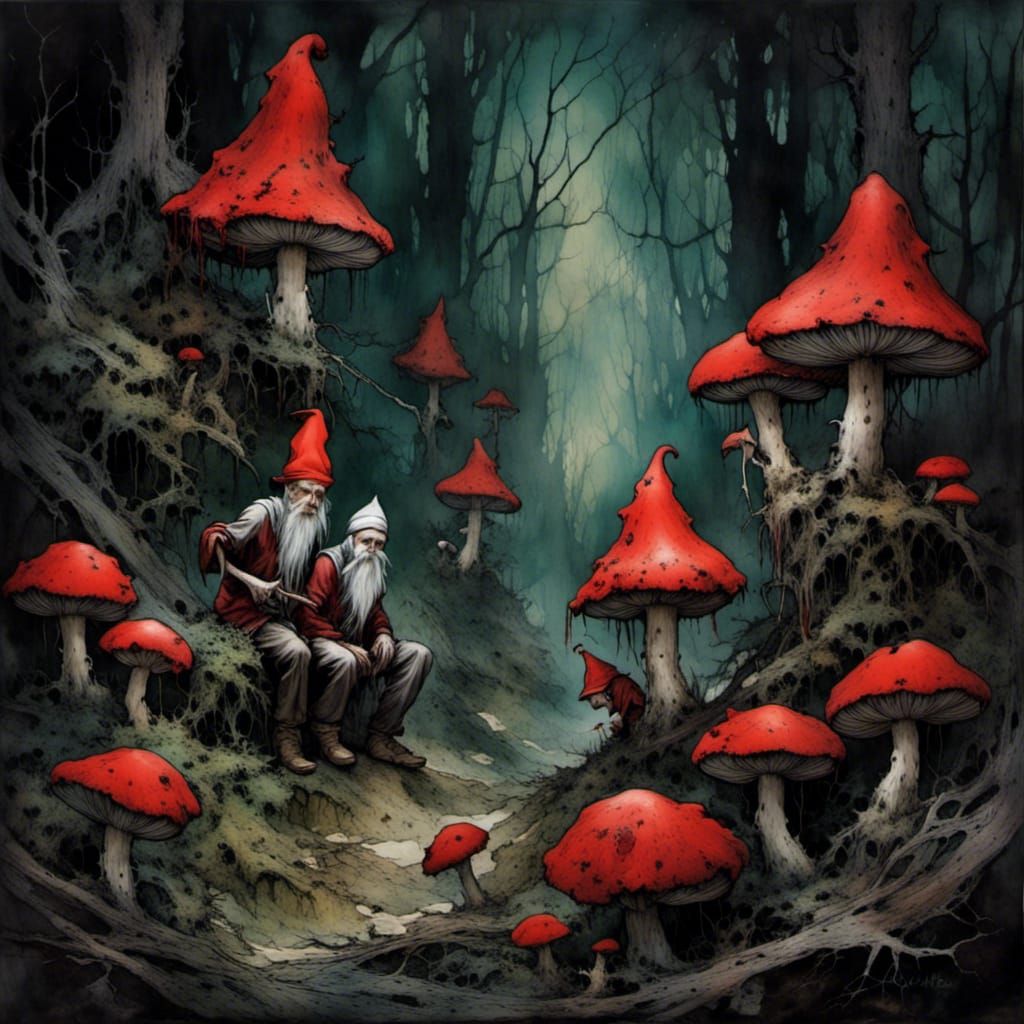 Gnomes Harvesting Redcap Mushrooms in Dark Forest